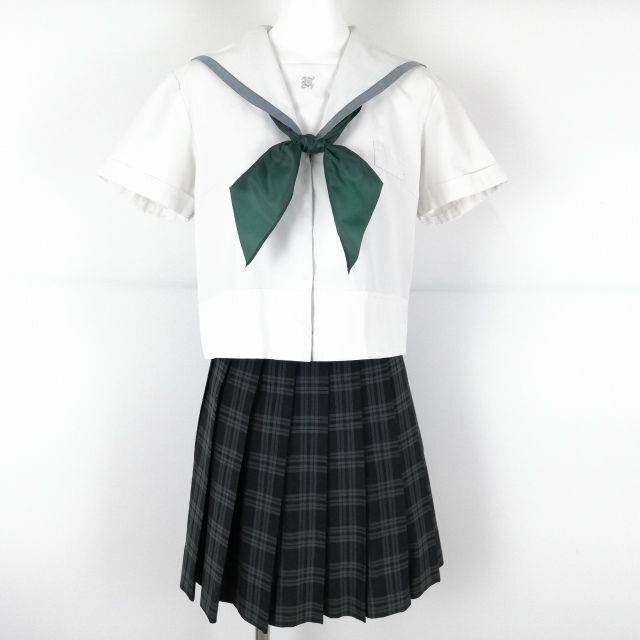 1円 セーラー服 ミニスカート スカーフ 上下3点セット 夏物 グレー1本線 女子 学生服 佐賀鍋島中学 白 制服 中古 ランクC NA2359_画像1