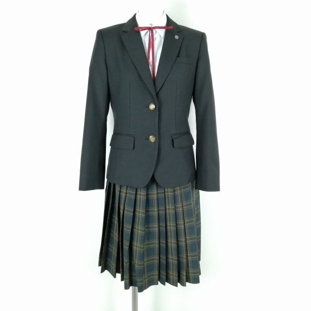 1円 ブレザー チェックスカート 紐タイ 上下4点セット S 冬物 女子 学生服 広島呉工業高等専門学校 緑 制服 中古 ランクC NA2410_画像1