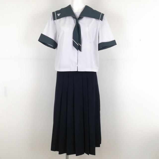 1 jpy sailor suit skirt necktie top and bottom 3 point set large size summer thing white 1 pcs line woman school uniform Kagoshima . hill middle . white uniform used rank C NA2630