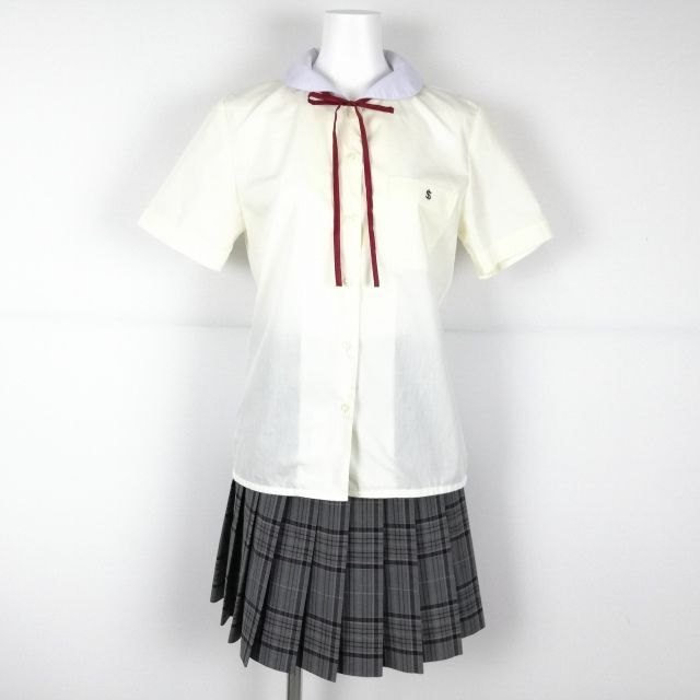 1円 ブラウス チェックスカート 紐タイ 上下3点セット S 夏物 女子 学生服 神奈川自修館中等教育学校 黄 制服 中古 ランクB NA2689の画像1