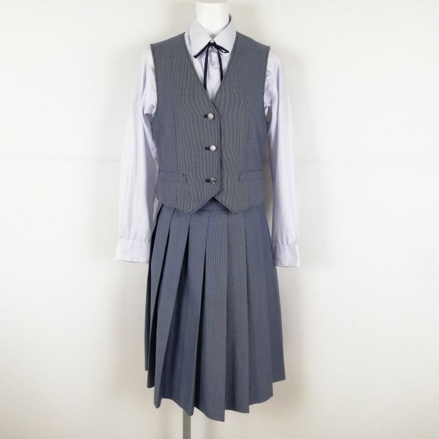 1円 ベスト チェックスカート 紐タイ 上下4点セット 冬物 女子 学生服 鹿児島武岡台高校 制服 中古 ランクC NA2512の画像1