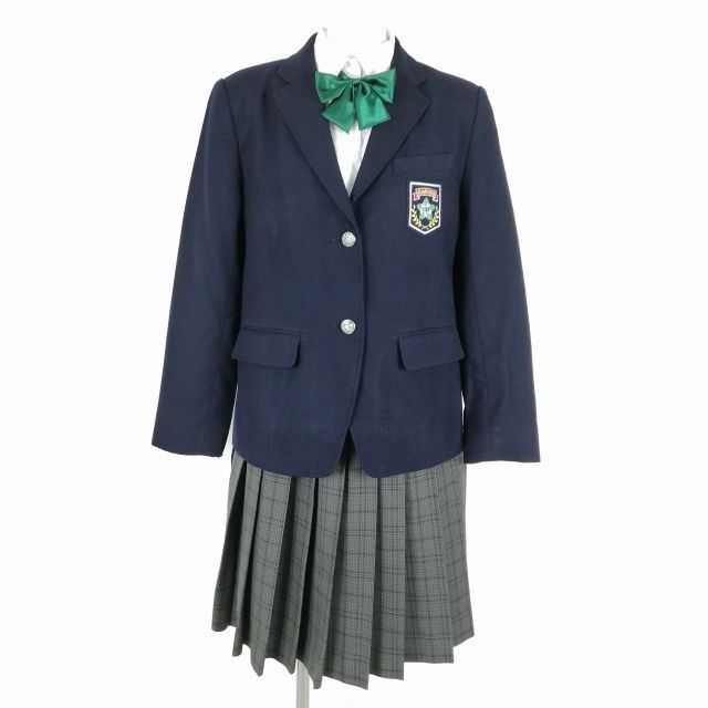 1円 ブレザー チェックスカート リボン 上下4点セット 指定 冬物 女子 学生服 東京大坂上中学 紺 制服 中古 ランクC NA2560_画像1