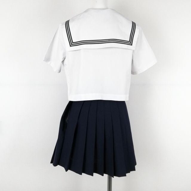 1円 セーラー服 ミニスカート スカーフ 上下3点セット 160A 富士ヨット 夏物 黒3本線 女子 学生服 中学 高校 白 制服 中古 ランクC NA2546の画像2