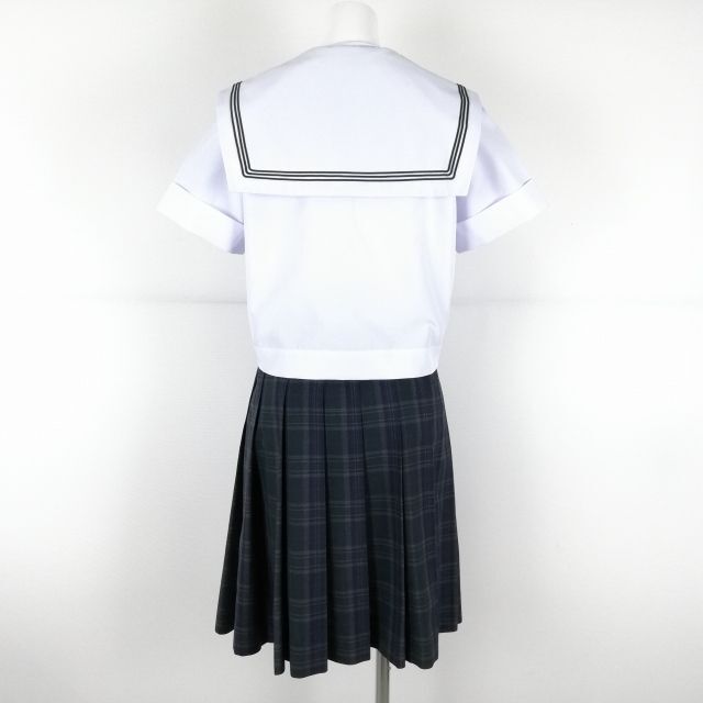 1円 セーラー服 チェックスカート スカーフ 上下3点セット 夏物 緑3本線 女子 学生服 中学 高校 白 制服 中古 ランクC NA2356の画像2