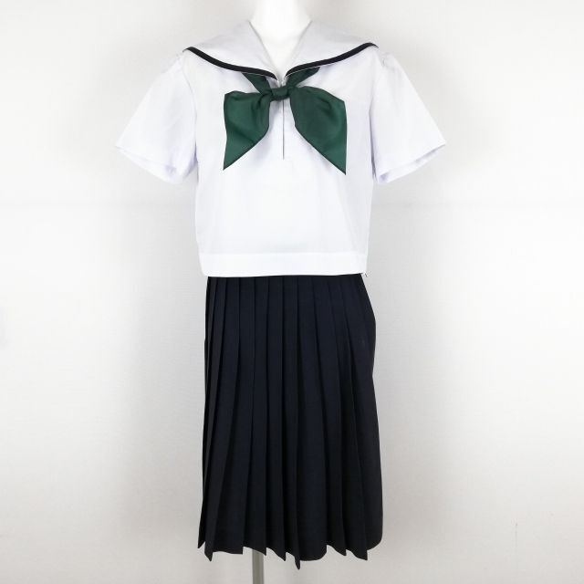 1円 セーラー服 スカート スカーフ 上下3点セット 夏物 青1本線 女子 学生服 高知西部中学 白 制服 中古 ランクC NA1983の画像1