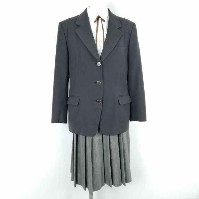 1円 ブレザー チェックスカート 紐タイ 上下4点セット 大きいサイズ 冬物 女子 学生服 東京富士森高校 グレー 制服 中古 ランクC NA2769の画像1