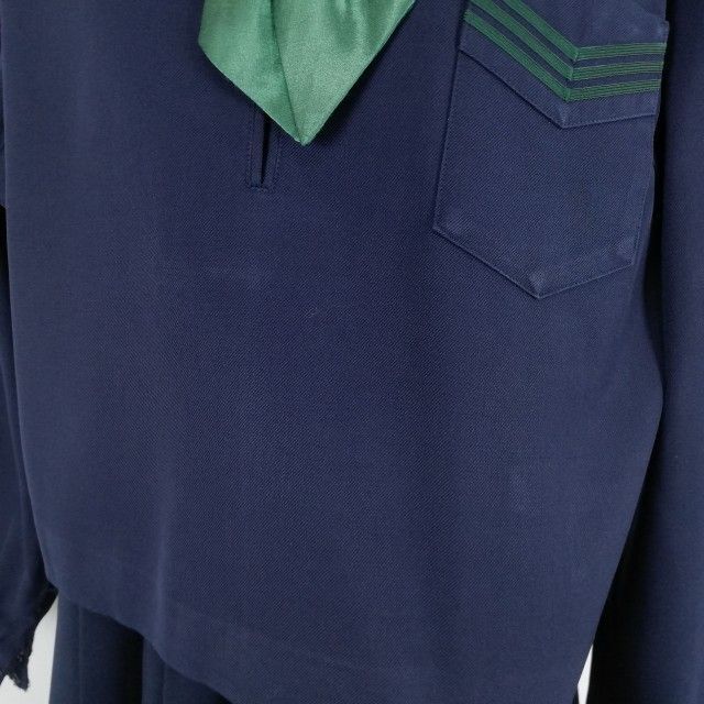 1 jpy sailor suit jumper skirt ribbon top and bottom 3 point set large size extra-large winter thing green 3ps.@ line woman school uniform middle . high school navy blue used rank C NA2147