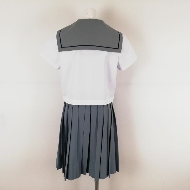 1円 セーラー服 スカート スカーフ 上下3点セット 夏物 青1本線 女子 学生服 中学 高校 白 制服 中古 ランクC NA2862の画像2