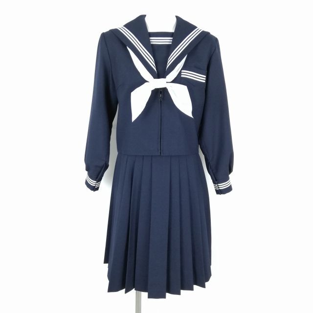 1円 セーラー服 スカート スカーフ 上下3点セット 指定 冬物 白3本線 女子 学生服 中学 高校 紺 制服 中古 ランクB NA3199の画像1