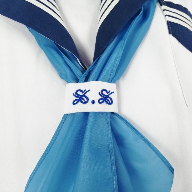1 иен матроска юбка шарф верх и низ 3 позиций комплект лето предмет белый 3шт.@ линия женщина школьная форма Osaka .. женщина средняя школа белый форма б/у разряд B NA3221