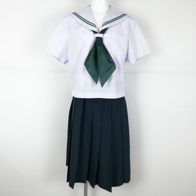 1 иен матроска юбка шарф верх и низ 3 позиций комплект 170A большой размер лето предмет зеленый 2 шт линия женщина школьная форма средний . средняя школа белый форма б/у разряд C NA2741