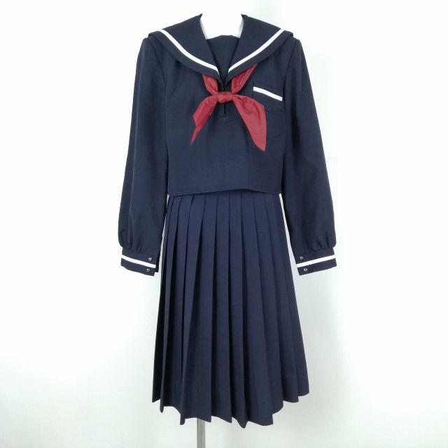 1円 セーラー服 スカート スカーフ 上下3点セット 大きいサイズ 冬物 白1本線 女子 学生服 中学 高校 制服 中古 ランクC NA3416_画像1