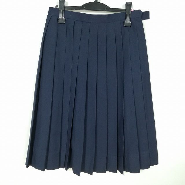 1円 スクールスカート 大きいサイズ 冬物 w72-丈65 紺 中学 高校 プリーツ 学生服 制服 女子 中古 IN6190の画像1