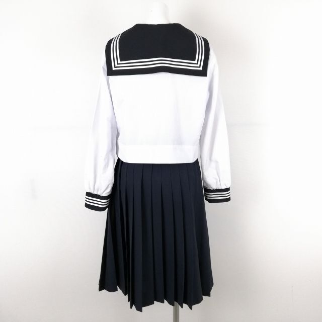 1円 セーラー服 スカート スカーフ 上下3点セット 中間服 白3本線 女子 学生服 中学 高校 白 制服 中古 ランクC NA3122_画像2