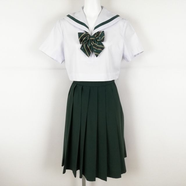 1円 セーラー服 スカート リボン 上下3点セット 夏物 緑1本線 女子 学生服 中学 高校 白 制服 中古 ランクC NA3475_画像1