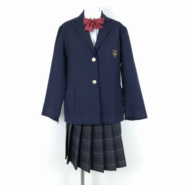 1円 ブレザー チェックスカート リボン 上下4点セット 大きいサイズ 冬物 女子 学生服 東京浅間中学 紺 制服 中古 ランクC NA4180_画像1