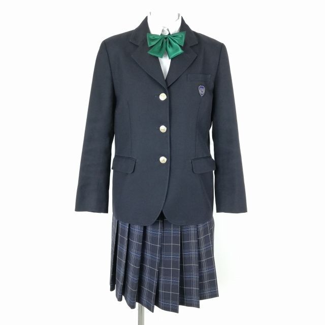 1円 ブレザー チェックスカート リボン 上下4点セット 160A カンコー 冬物 女子 学生服 中学 高校 紺 制服 中古 ランクC NA4197_画像1