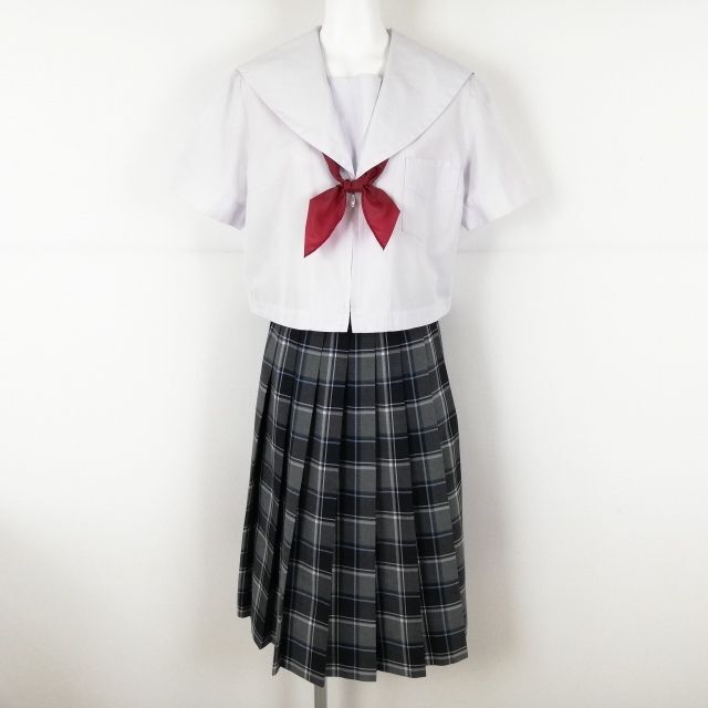 1 jpy sailor suit check skirt scarf top and bottom 3 point set Fuji yacht summer thing woman school uniform Yamaguchi on . part middle . white uniform used rank C NA4116