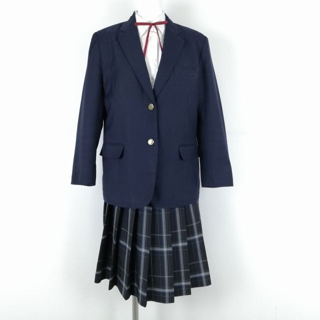 1円 ブレザー チェックスカート 紐タイ 上下4点セット 冬物 女子 学生服 東京国分寺高校 紺 制服 中古 ランクC NA4125_画像1