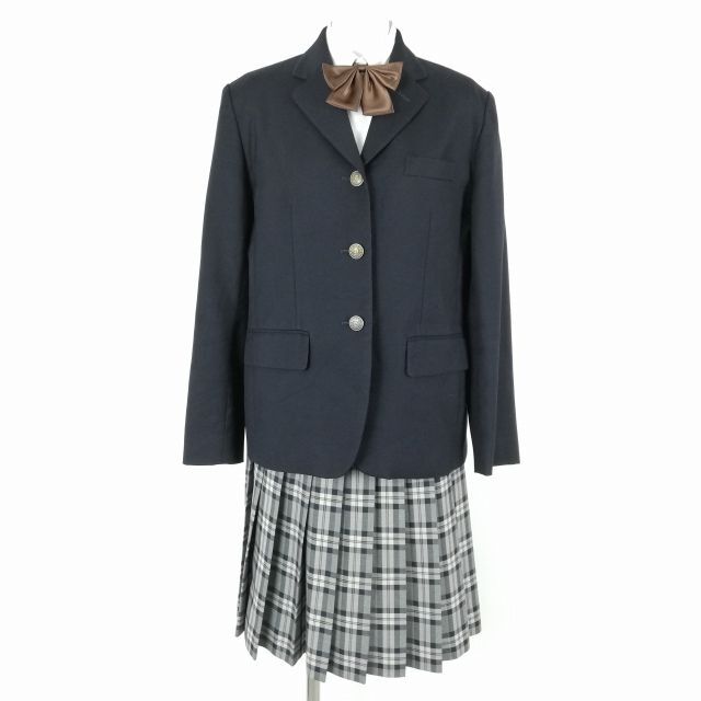 1円 ブレザー チェックスカート リボン 上下4点セット 指定 大きいサイズ 冬物 女子 学生服 愛知同朋高校 紺 制服 中古 ランクB NA4195_画像1