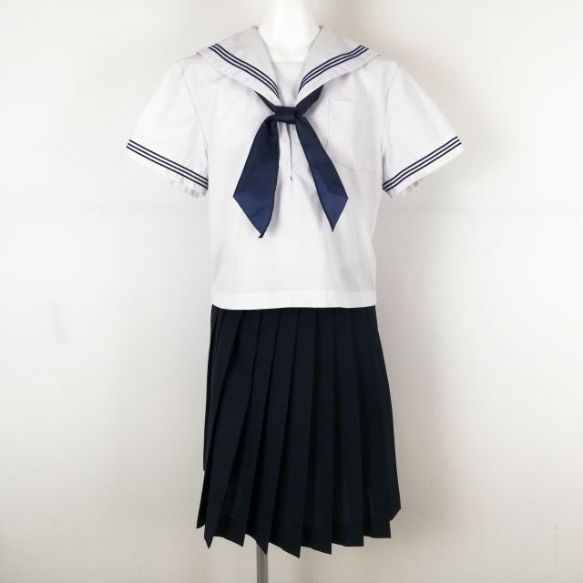 1円 セーラー服 スカート スカーフ 上下3点セット 大きいサイズ 夏物 青3本線 女子 学生服 中学 高校 白 制服 中古 ランクC NA3339_画像1