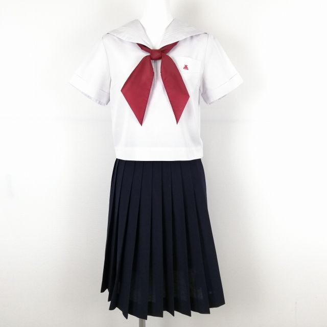 1円 セーラー服 スカート スカーフ 上下3点セット 夏物 白3本線 女子 学生服 兵庫姫路東高校 白 制服 中古 ランクC NA3389_画像1