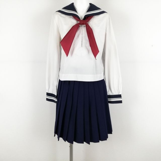 1円 セーラー服 スカート 上下2点セット 大きいサイズ 中間服 白2本線 女子 学生服 中学 高校 白 制服 中古 ランクC NA2102_画像1