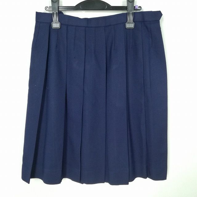 1円 スクールスカート 大きいサイズ 冬物 w75-丈61 紺 中学 高校 プリーツ 学生服 制服 女子 中古 IN6319の画像1