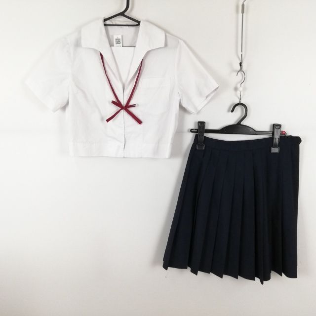 1円 セーラー服 スカート 紐タイ 上下3点セット 夏物 女子 学生服 中学 高校 白 制服 中古 ランク:C EY4179_画像1