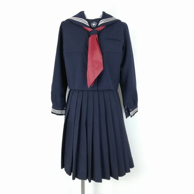 1円 セーラー服 スカート スカーフ 上下3点セット 150A 冬物 白3本線 女子 学生服 創価小学校 紺 制服 中古 ランクC NA4841_画像1