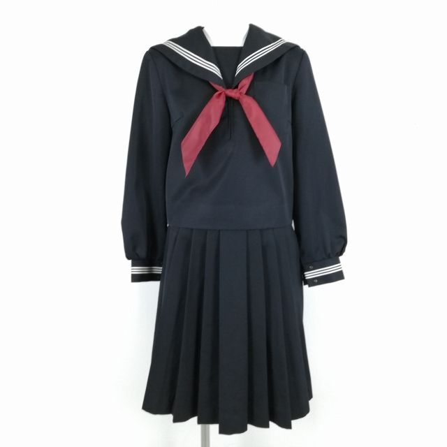 1円 セーラー服 スカート スカーフ 上下3点セット 冬物 白3本線 女子 学生服 中学 高校 黒 制服 中古 ランクC NA3847_画像1