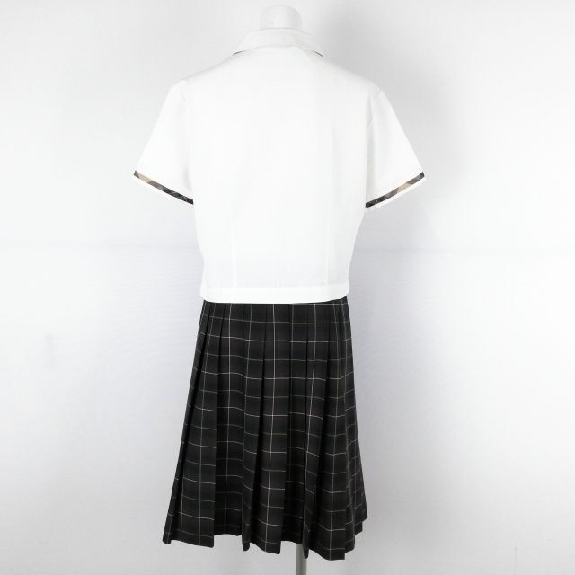 1円 ブラウス チェックスカート リボン 上下3点セット トンボ 夏物 女子 学生服 福岡行橋高校 白 制服 中古 ランクC NA3974_画像2