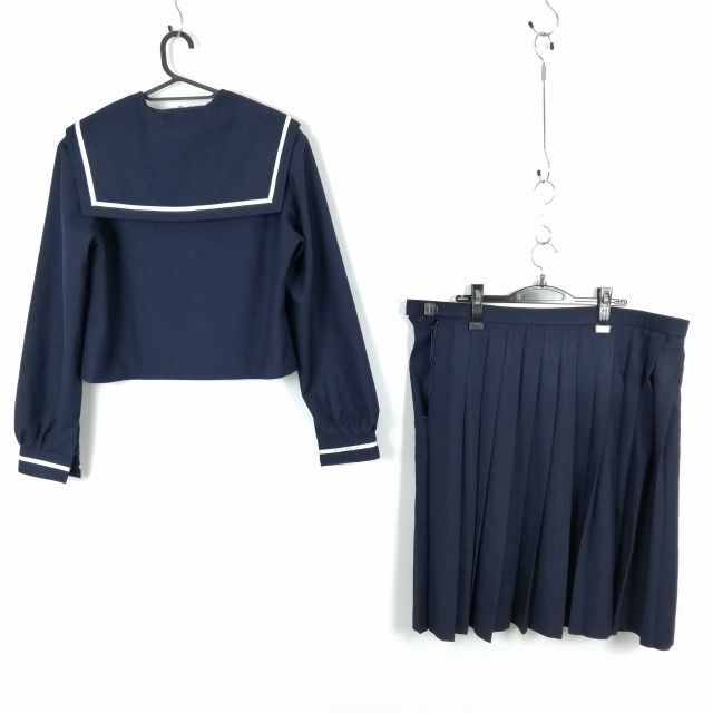 1 jpy sailor suit skirt scarf top and bottom 3 point set L large size winter thing white 1 pcs line woman school uniform middle . high school navy blue uniform used rank C NA4225