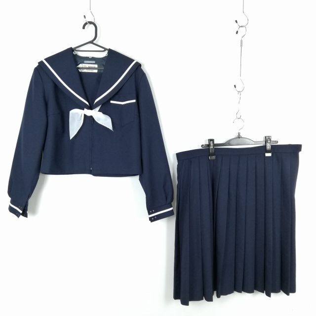 1 jpy sailor suit skirt scarf top and bottom 3 point set L large size winter thing white 1 pcs line woman school uniform middle . high school navy blue uniform used rank C NA4225