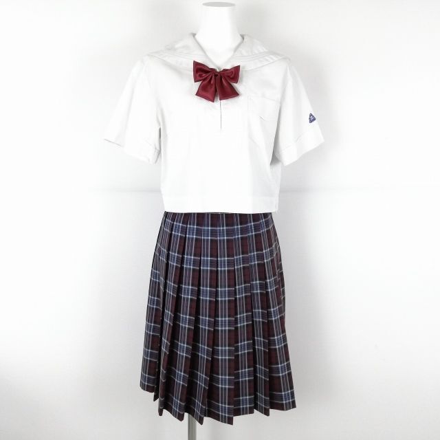 1円 セーラー服 チェックスカート 上下3点セット 160A 大きいサイズ 夏物 白3本線 女子 学生服 福岡香椎高校 白 中古 ランクC NA4216_画像1