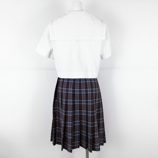 1円 セーラー服 チェックスカート 上下3点セット 160A 大きいサイズ 夏物 白3本線 女子 学生服 福岡香椎高校 白 中古 ランクC NA4216_画像2