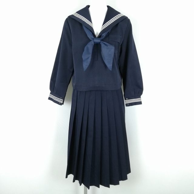 1円 セーラー服 スカート スカーフ 上下3点セット L カンコー 冬物 白3本線 女子 学生服 中学 高校 紺 制服 中古 ランクC NA3810_画像1