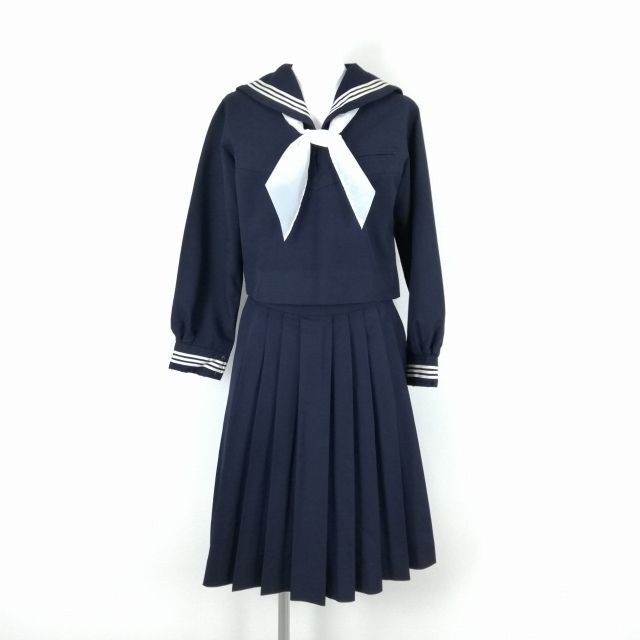 1円 セーラー服 スカート スカーフ 上下3点セット 冬物 白3本線 女子 学生服 中学 高校 紺 制服 中古 ランクB NA3916_画像1