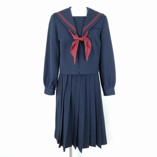 1円 セーラー服 スカート スカーフ 上下3点セット 160A ミッシェルクラン 冬物 赤2本線 女子 学生服 中学 高校 紺 中古 ランクB NA4287_画像1