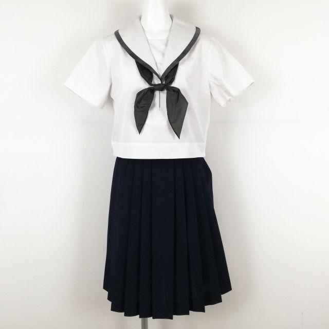 1円 セーラー服 スカート スカーフ 上下3点セット 夏物 グレー1本線 女子 学生服 中学 高校 白 制服 中古 ランクC NA4322_画像1