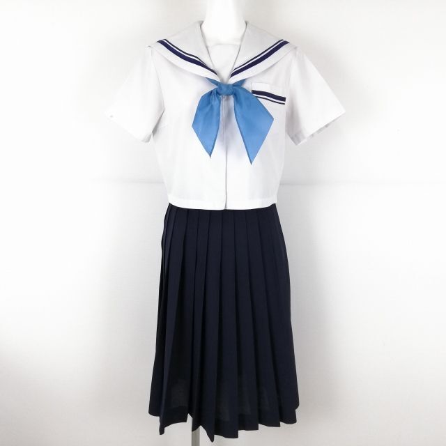 1円 セーラー服 スカート スカーフ 上下3点セット 夏物 青2本線 女子 学生服 中学 高校 白 制服 中古 ランクC NA4261_画像1