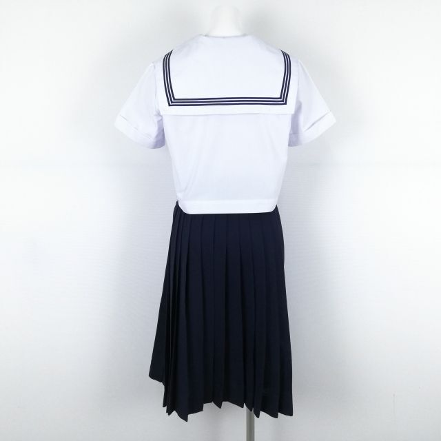 1円 セーラー服 スカート スカーフ 上下3点セット 155A 青3本線 女子 学生服 兵庫大的中学 白 制服 中古 ランクC NA1658_画像2