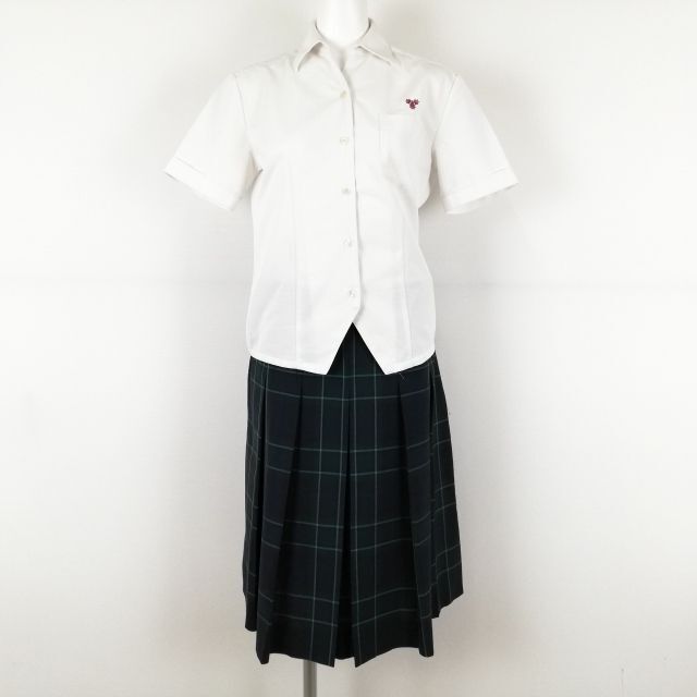 1円 ブラウス チェックスカート 上下2点セット M 夏物 女子 学生服 福岡東筑高校 白 コシノヒロコ 制服 中古 ランクC NA4417_画像1