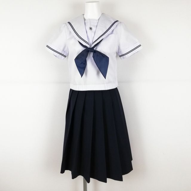 1円 セーラー服 スカート スカーフ 上下3点セット 夏物 青2本線 女子 学生服 東京嘉悦女子中学 白 制服 中古 ランクC NA4489_画像1