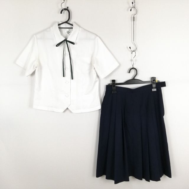 1円 ブラウス スカート 紐タイ 上下3点セット 夏物 女子 学生服 中学 高校 白 制服 中古 ランク:C EY8984_画像1