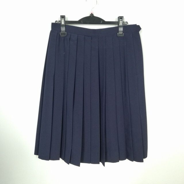 1円 スクールスカート 大きいサイズ 夏物 w72-丈63 紺 中学 高校 プリーツ 学生服 制服 女子 中古 IN6434_画像1