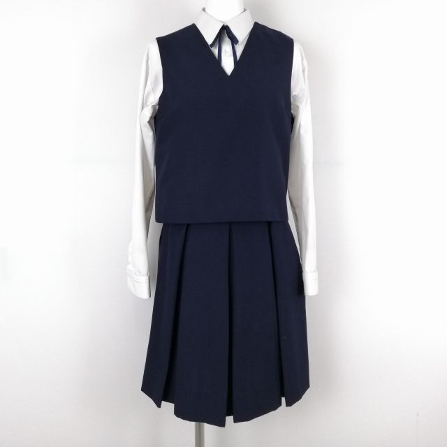 1円 ベスト スカート 紐タイ 上下4点セット 夏物 女子 学生服 中学 高校 紺 制服 中古 ランクB NA3763_画像1