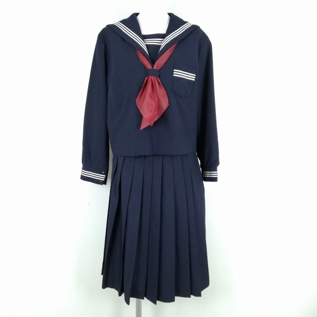 1円 セーラー服 スカート スカーフ 上下3点セット 大きいサイズ 冬物 白3本線 女子 学生服 中学 高校 紺 制服 中古 ランクC NA4301_画像1