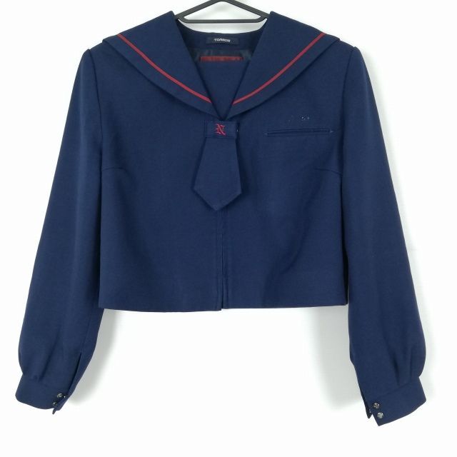 1円 セーラー服 ネクタイ 上着 トンボ 冬物 赤1本線 女子 学生服 福岡那珂川中学 紺 制服 中古 ランクC NA4992_画像1