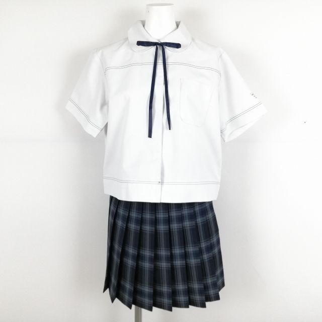 1円 ブラウス マイクロミニスカート 紐タイ 上下3点セット 大きいサイズ 夏物 女子 学生服 鹿児島西紫原中学 白 制服 中古 ランクC NA4970_画像1